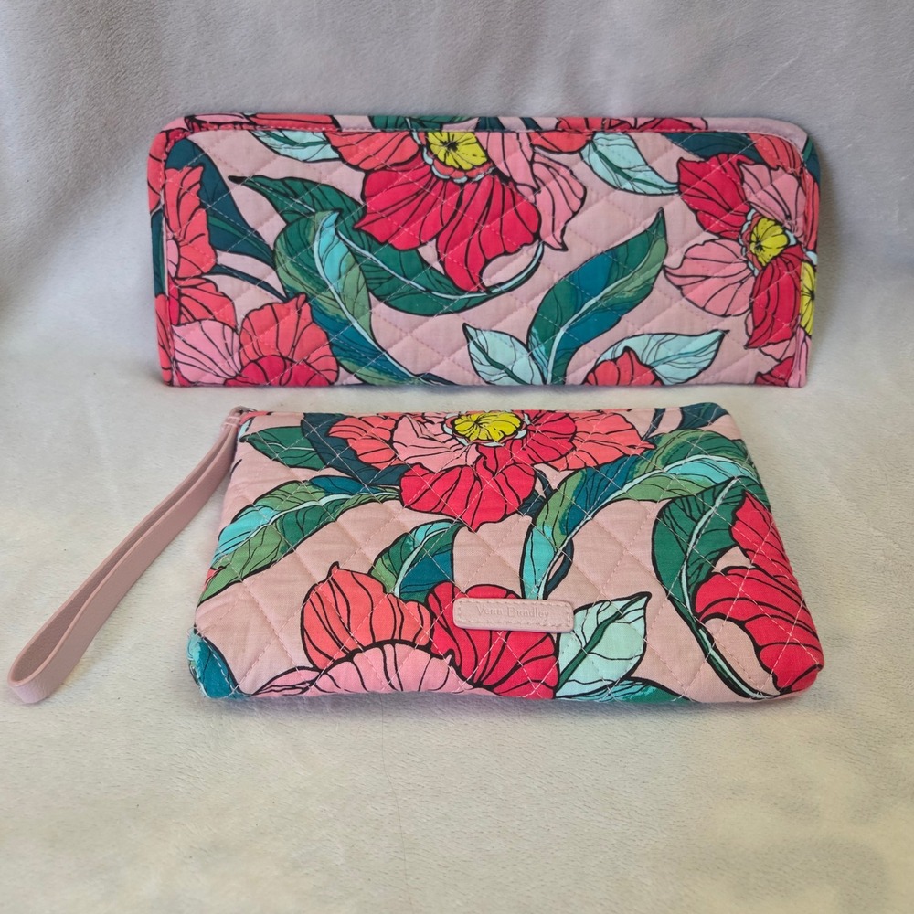 Vera Bradley Floral Quilted Makeup Bag and Heat Resistant Travel Sleeve Set Pink